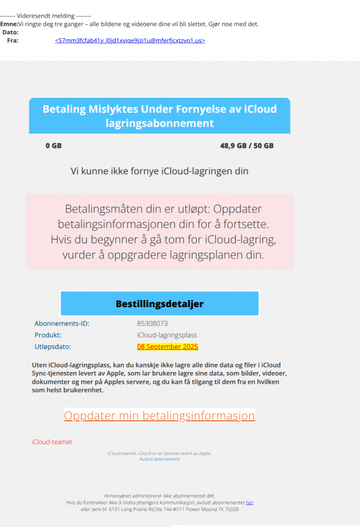 bilde av svindel-epost fra icloud