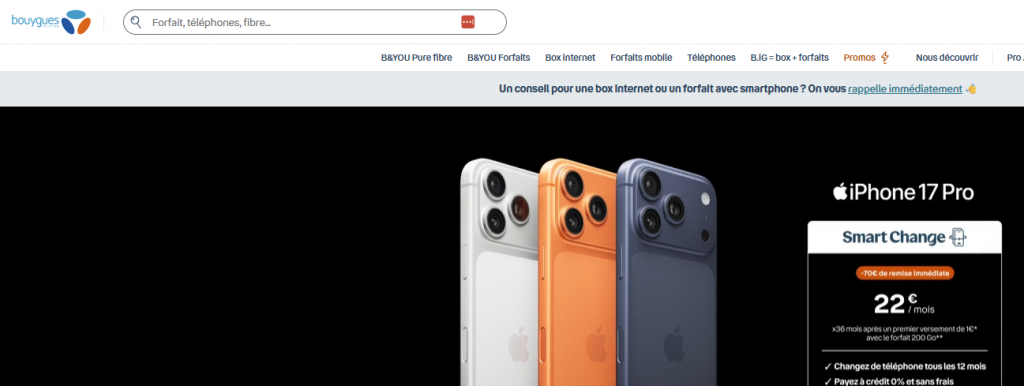 skjermbilde av nettsiden til Bouygues Telecom