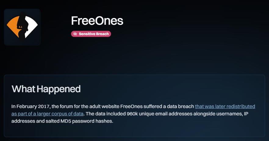 Skjermbilde fra haveibeenpwned.com/Breach/FreeOnes