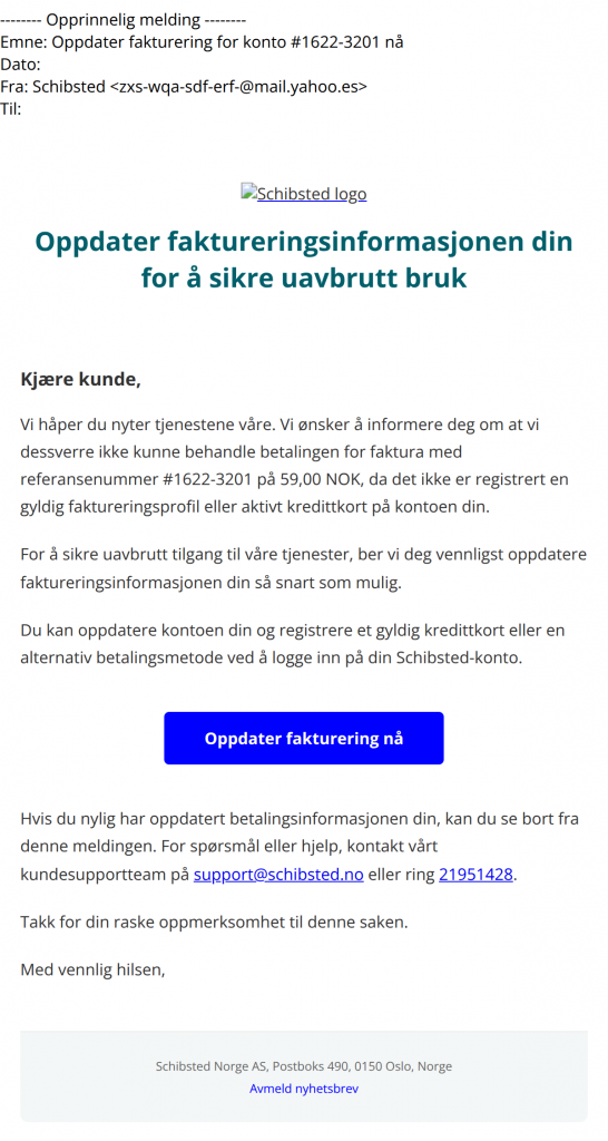 Bilde av svindelepost fra Schibsted