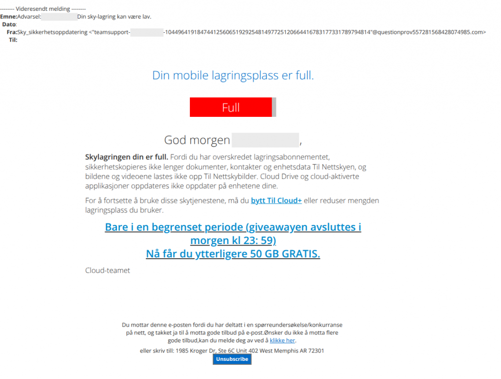 bilde av svindelmail om full skylagring