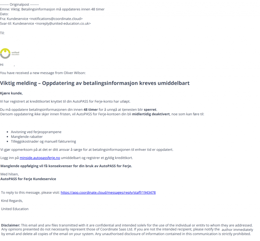 Bilde av svindelepost om autopass.