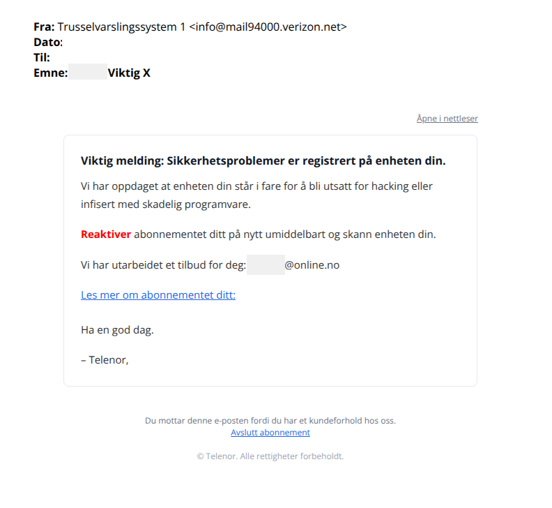 Bilde av svindelepost fra Trusselvarslingssystem 1