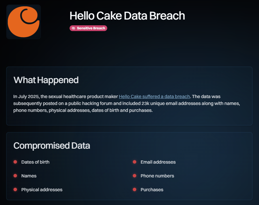 Skjermbilde fra haveibeenpwned.com/Breach/HelloCake