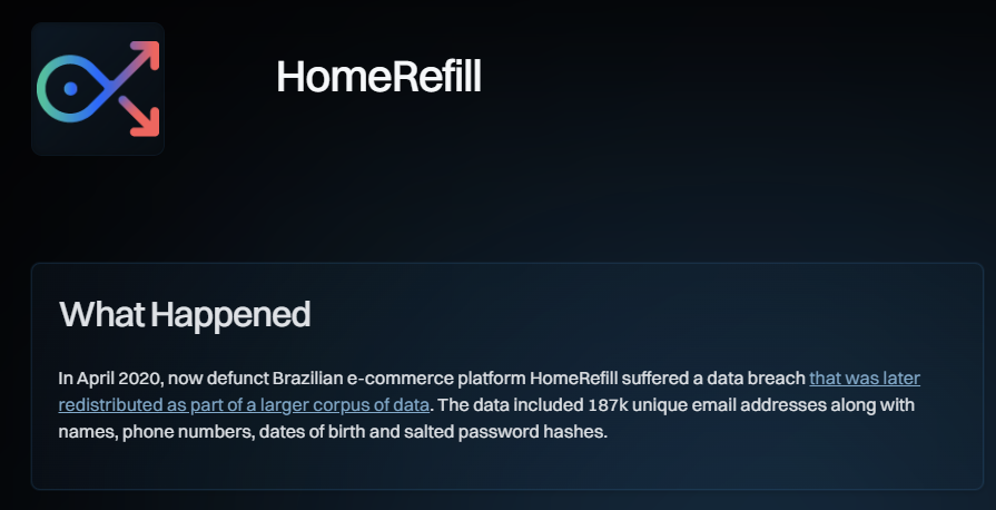 Skjermbilde fra haveibeenpwned.com/Breach/HomeRefill