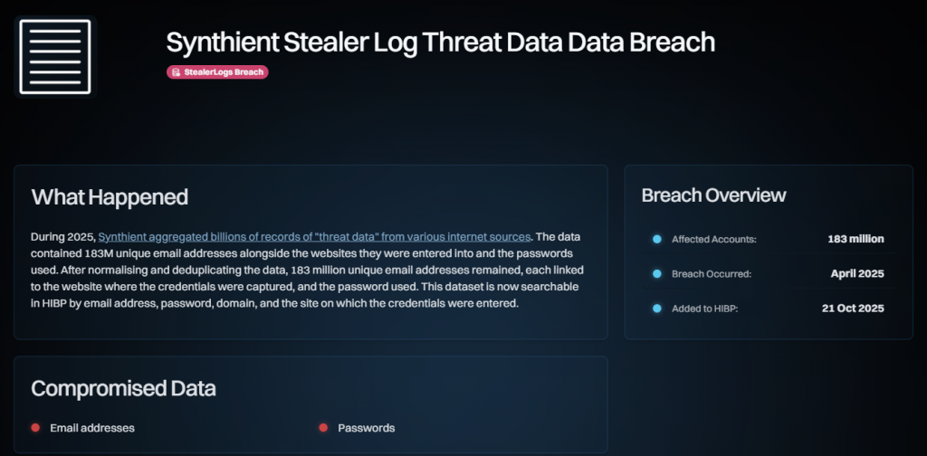 bilde fra https://haveibeenpwned.com/Breach/SynthientStealerLogThreatData om stealer logs