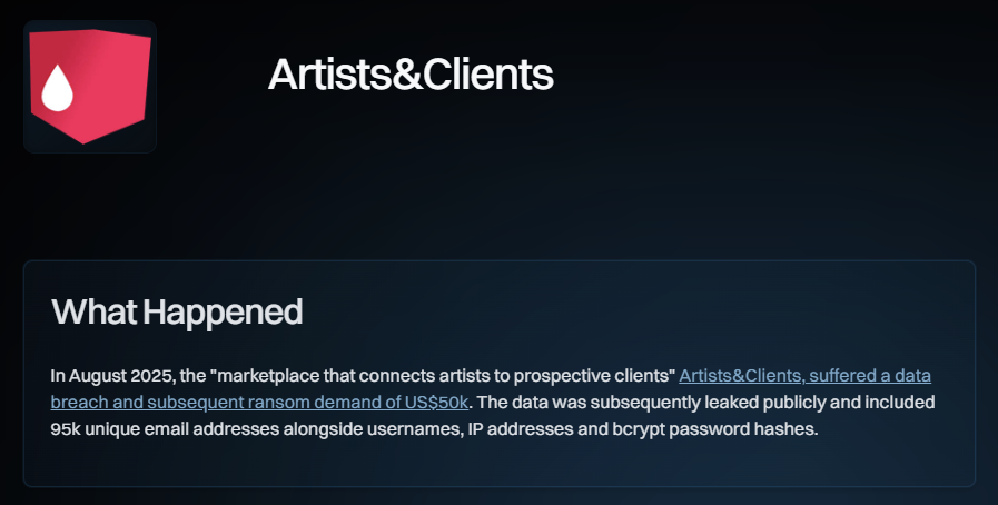 Skjermbilde fra haveibeenpwned.com/Breach/ArtistsNClients
