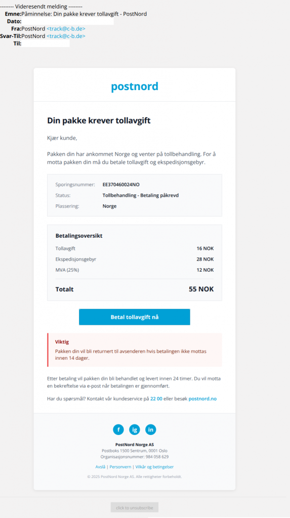 bilde av svindelmail fra postnord