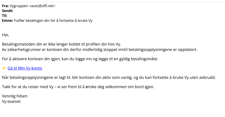 bilde av svindelepost fra Vy