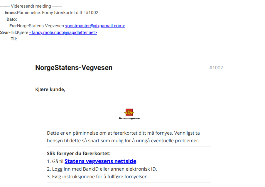 bilde av svindelepost fra vegvesenet