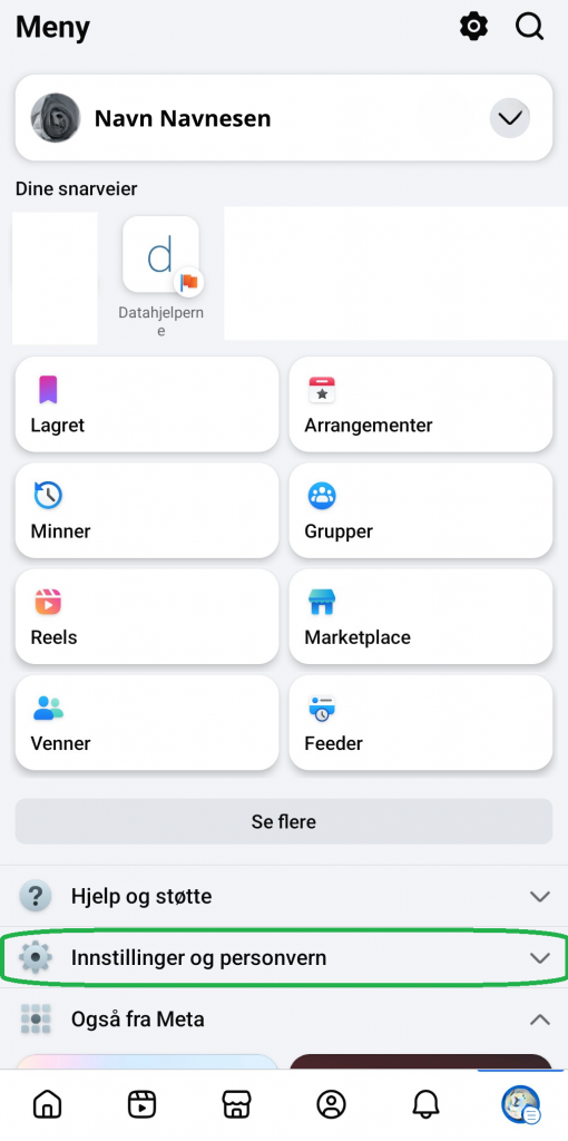 Bilde som viser alternativer i Facebook-appen for mobil.