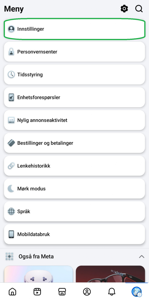 Bilde som viser alternativer i Facebook-appen for mobil.