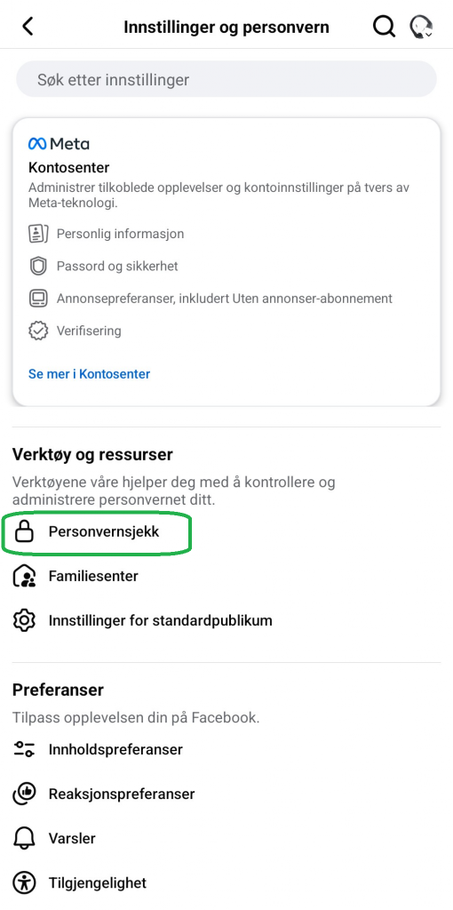 Bilde som viser alternativer i Facebook-appen for mobil.