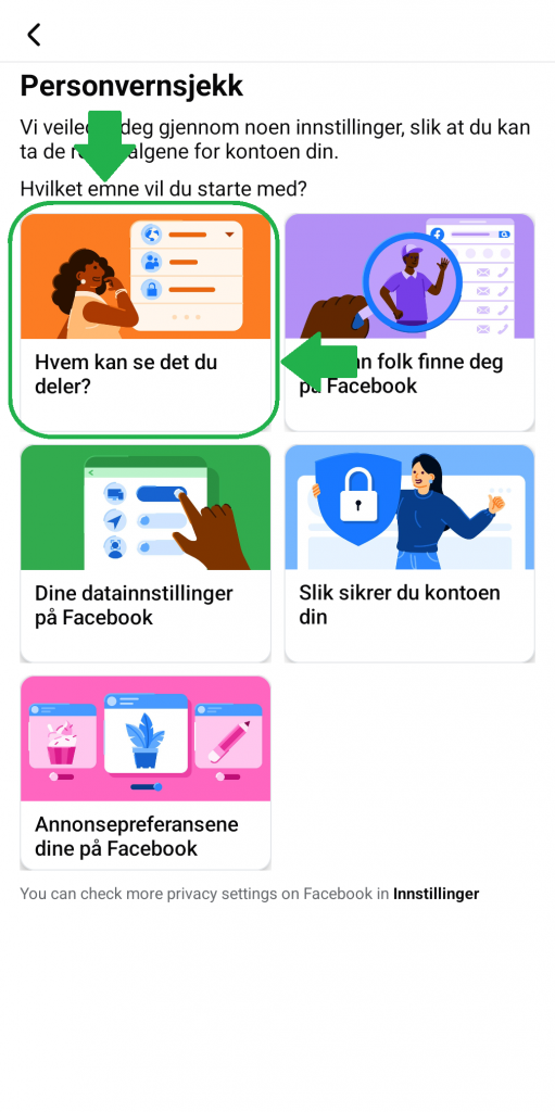 Bilde som viser alternativer i Facebook-appen for mobil.