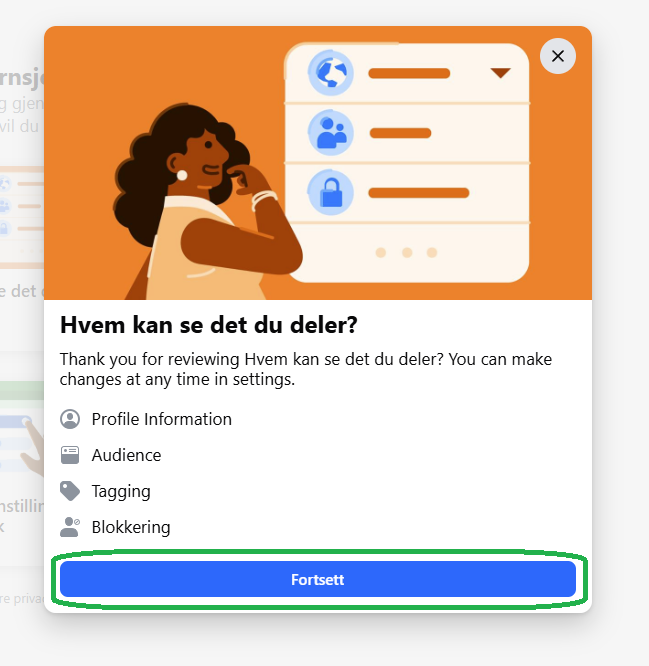 Skjermbilde fra facebook som viser neste steg.