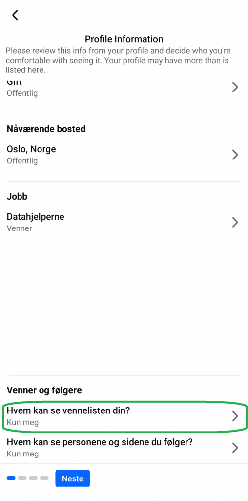 Bilde som viser alternativer i Facebook-appen for mobil.