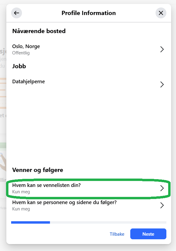 Skjermbilde fra facebook som viser neste steg.