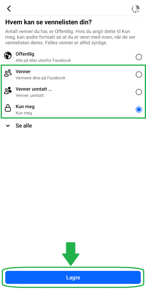 Bilde som viser alternativer i Facebook-appen for mobil.