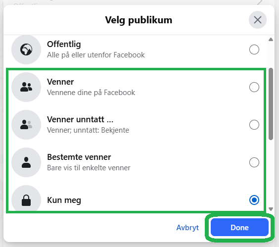 Skjermbilde fra facebook som viser neste steg.