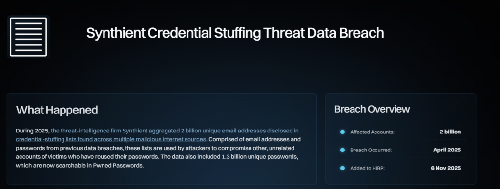 Skjermbilde fra https://haveibeenpwned.com/Breach/SynthientCredentialStuffingThreatData