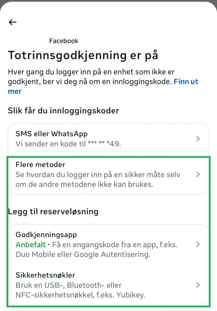 Skjermbilde fra Facebook-appen. Viser ulike totrinnsgodkjenningsalternativer.