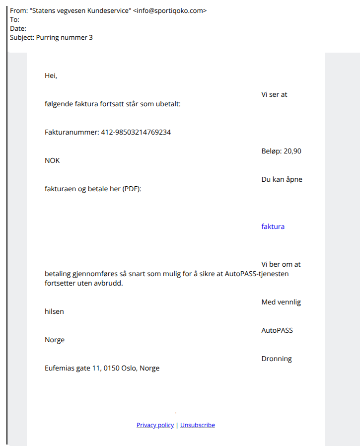 Bilde av svindelepost fra vegvesenet