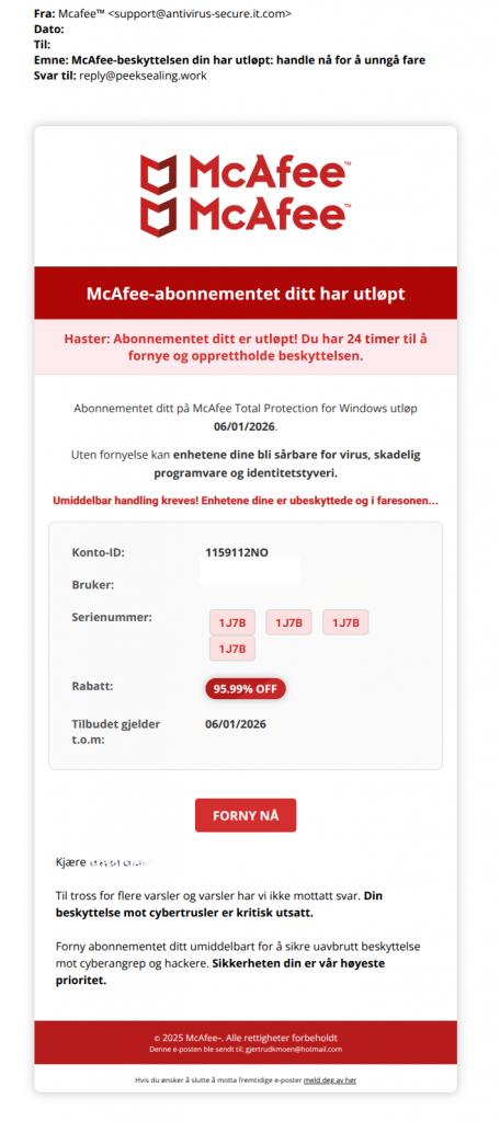 bilde av svindelepost fra mcafee