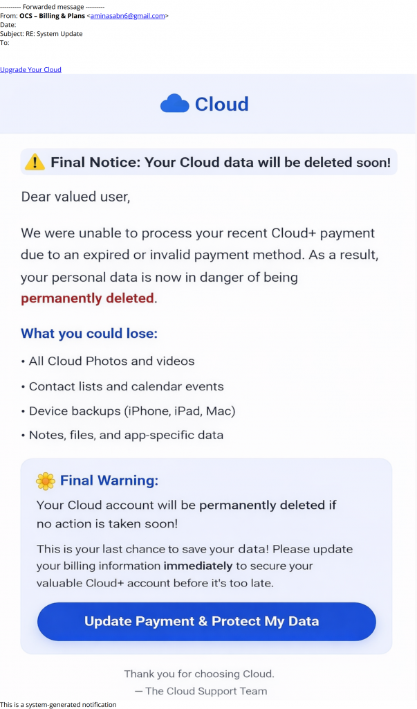 bilde av svindelepost fra cloud+