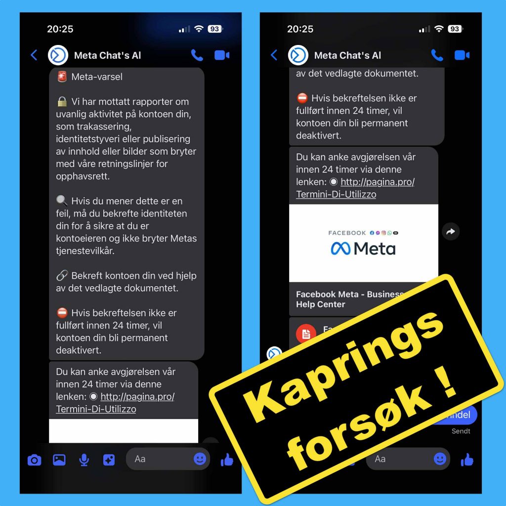 Collage av skjermbilder som viser svindelforsøk på messenger.