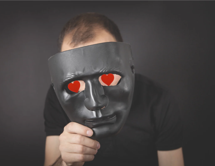 illustrasjon på kjærlighetssvindel med maske med hjerter i øynene