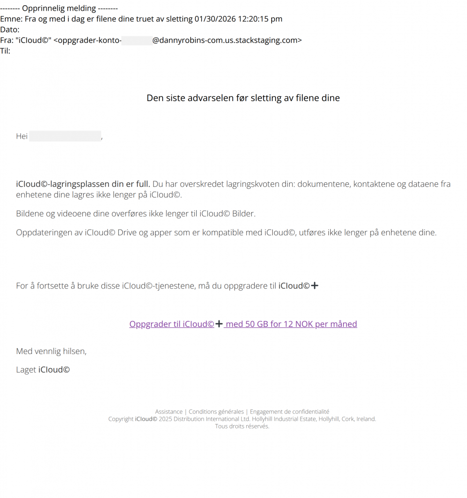 bilde av svindelepost fra icloud