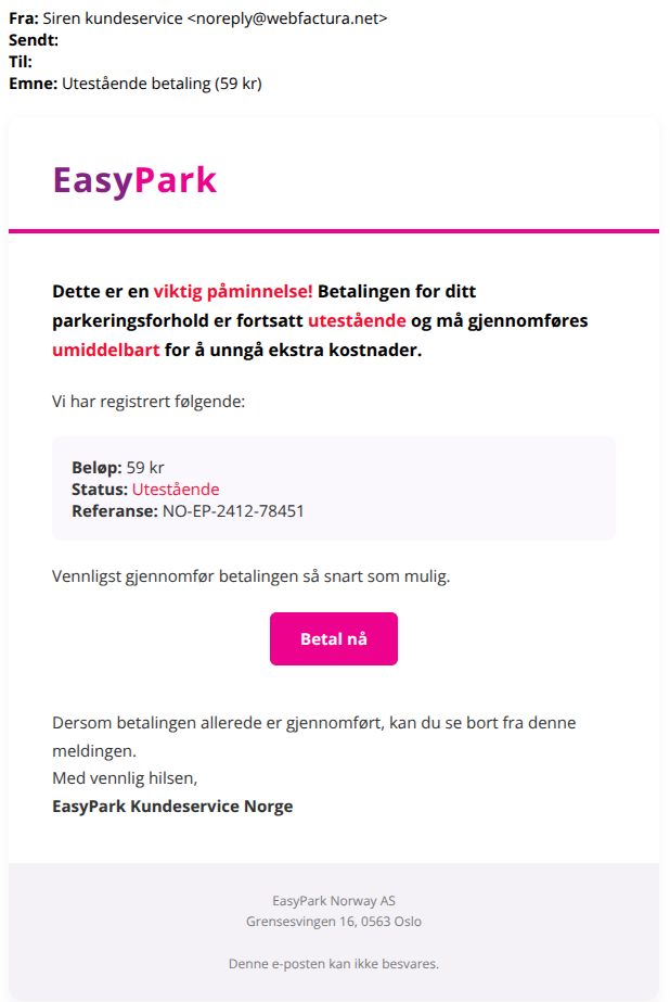bilde av svindelepost fra easypark