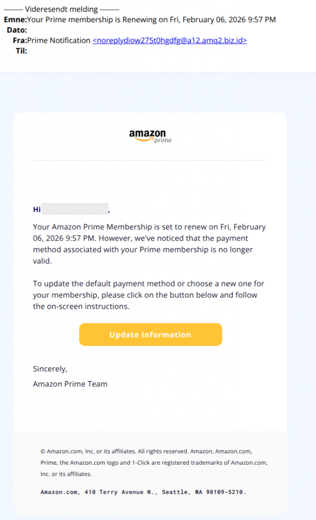 bilde av svindelforsøk fra amazon prime