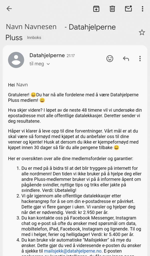Skjermbilde fra e-post.