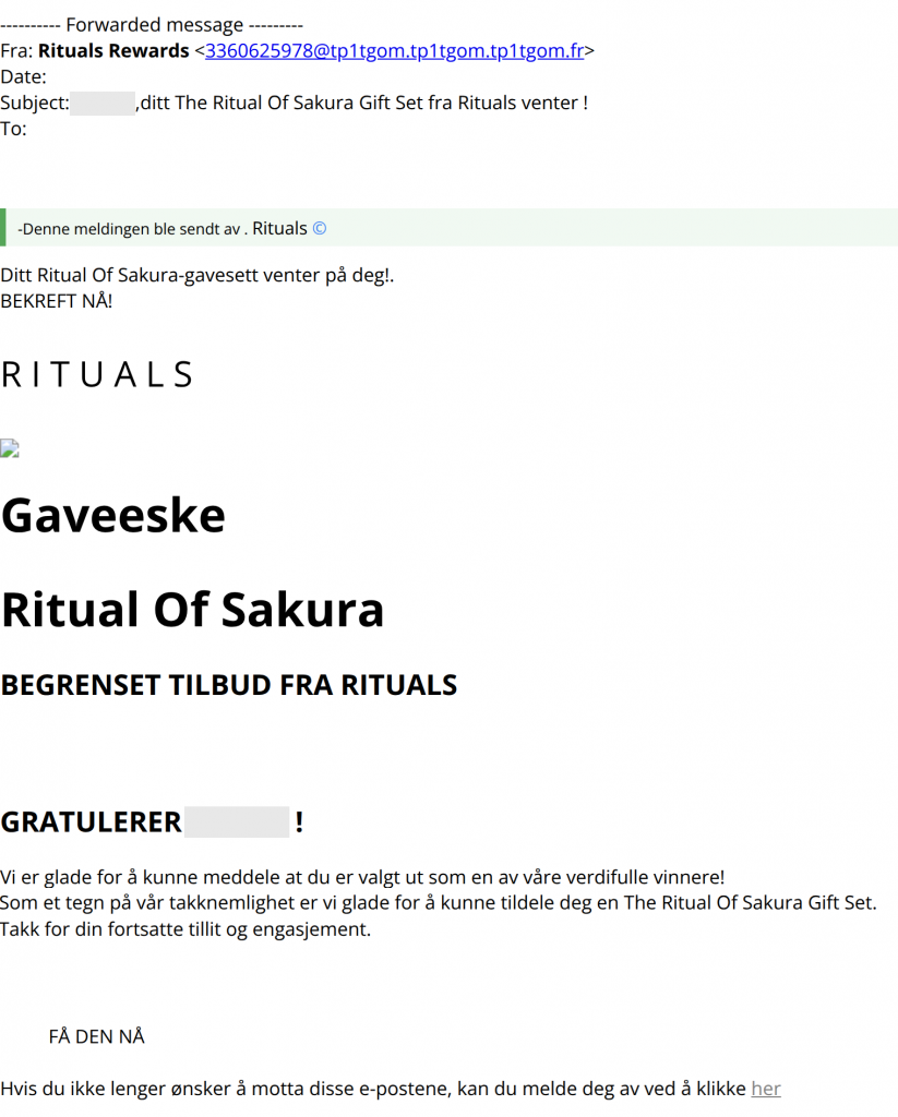 bilde av svindelforsøk på e-post fra RITUALS