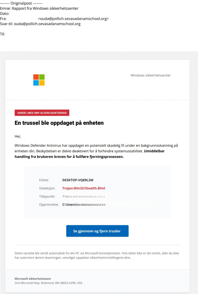 Bilde av svindelforsøk på e-post