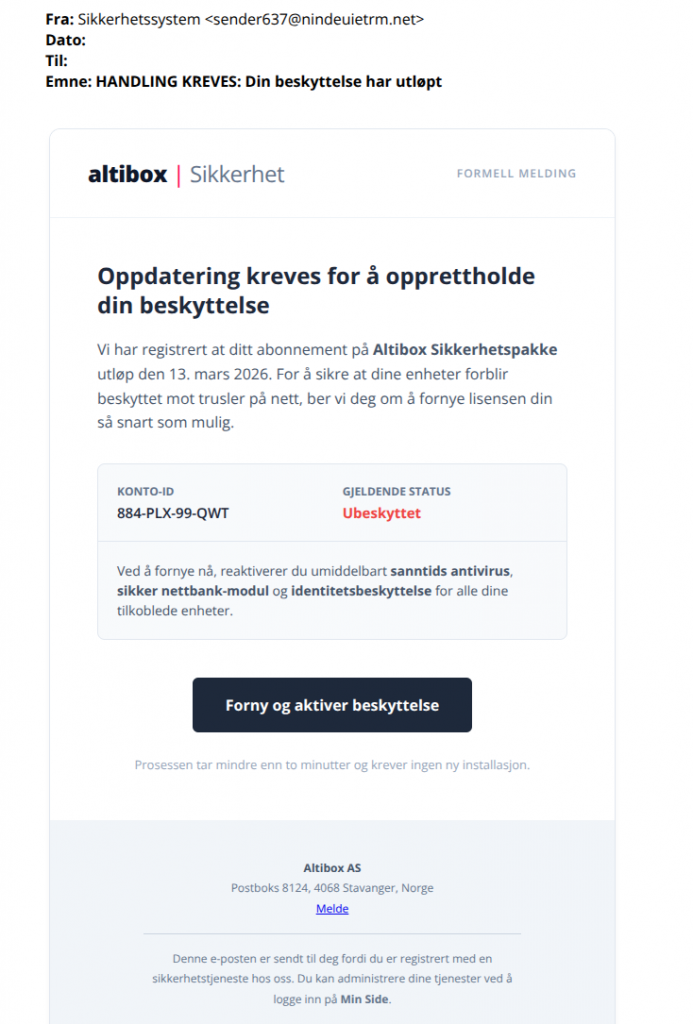 bilde av svindelforsøk på e-post fra Altibox