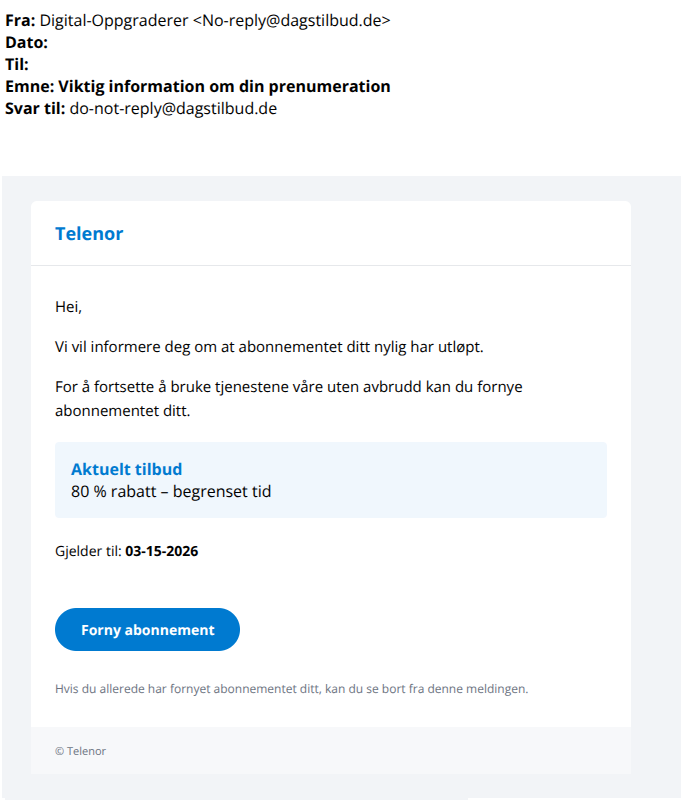 Bilde av svindelforsøk på e-post fra Telenor
