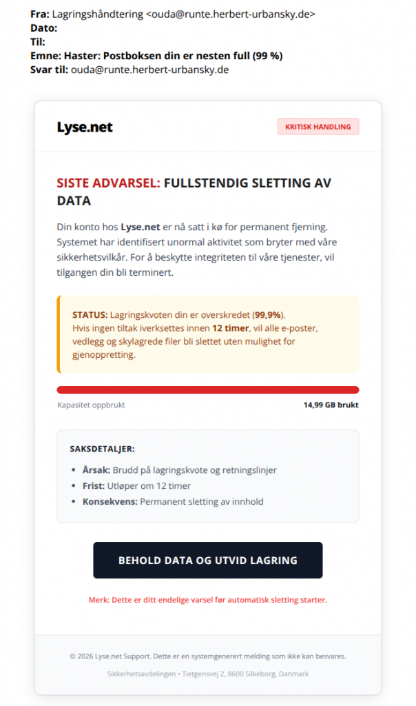 Svindelforsøk på e-post fra Lyse.net