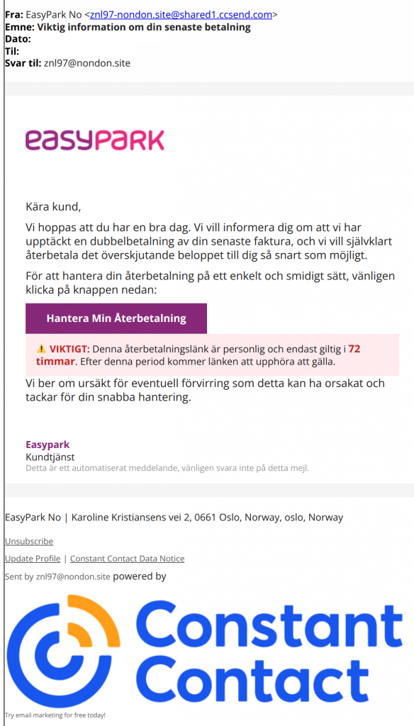 Skjermbilde av easypark-svindelforsøk
