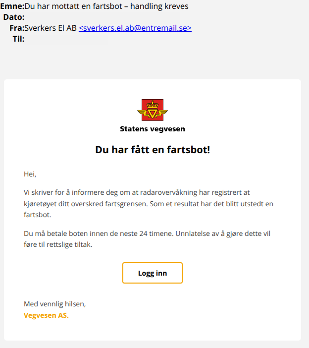 bilde av svindelepost fra vegvesenet