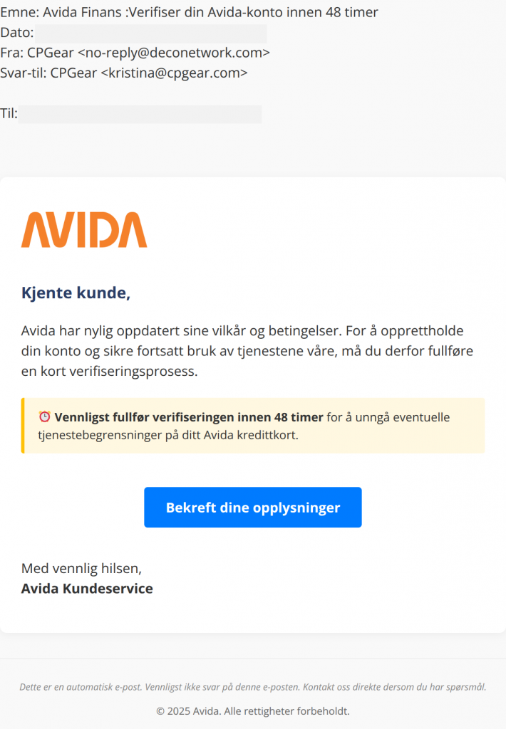 eksempel på svindelepost fra avida