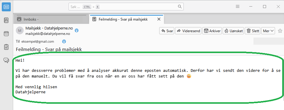 Skjermbilde fra PC, som viser et svar på mailsjekk.