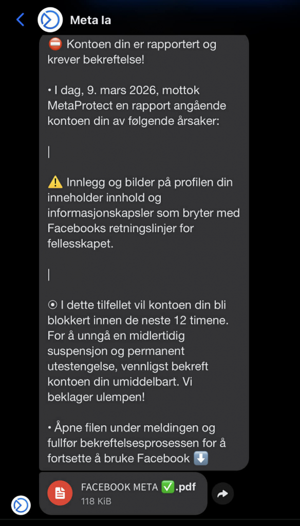 Bilde av svindelmelding på Messenger, fra "meta ai"