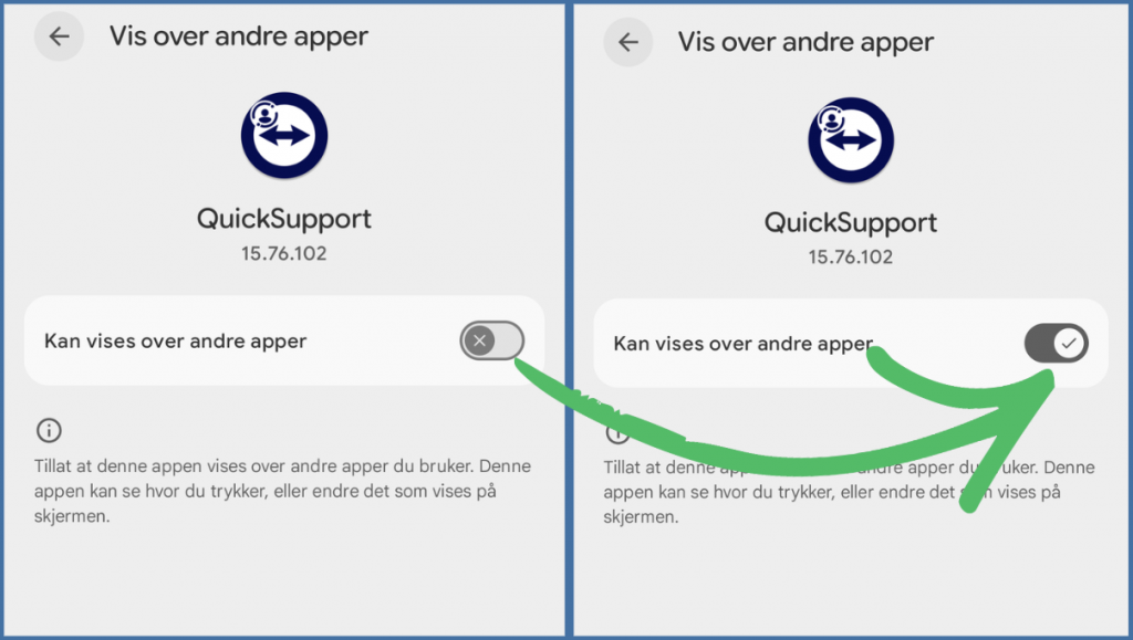 Skjermbilder fra QuickSupport-appen.