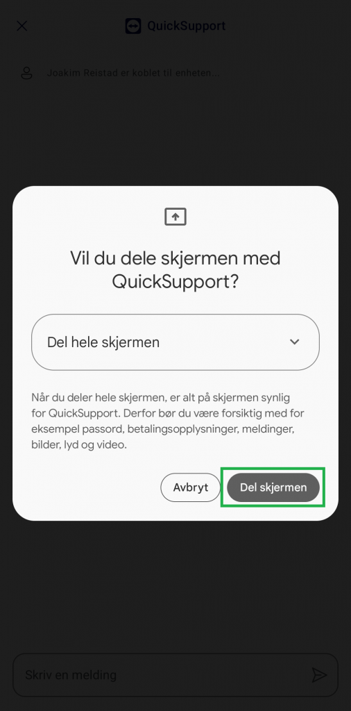 Skjermbilde av QuickSupport-appen.