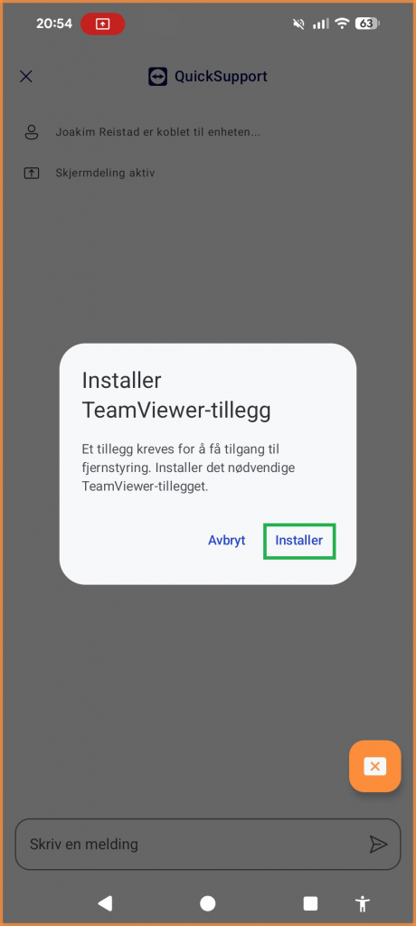 Skjermbilde av QuickSupport-appen.