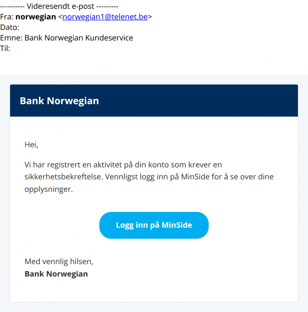 bilde av svindelforsøk på e-post fra bank norwegian