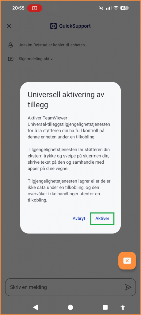 Skjermbilde av QuickSupport-appen.
