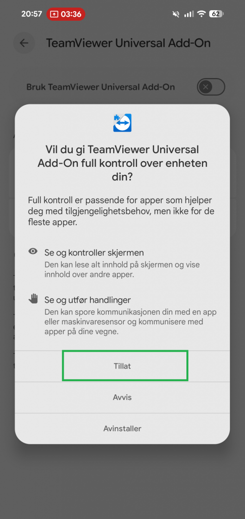 Skjermbilde av QuickSupport-appen.